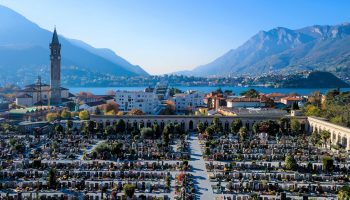 Vista aerea del Cimitero Monumentale di Lecco con il Campanile di San Nicolò