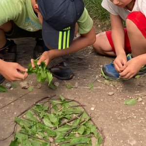 Bambini che giocano con rami e foglie durante una caccia al tesoro archeologica
